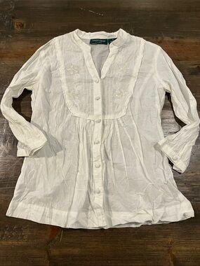 Lemon Grass Linen Blend White Embroidered Button-Front Top
